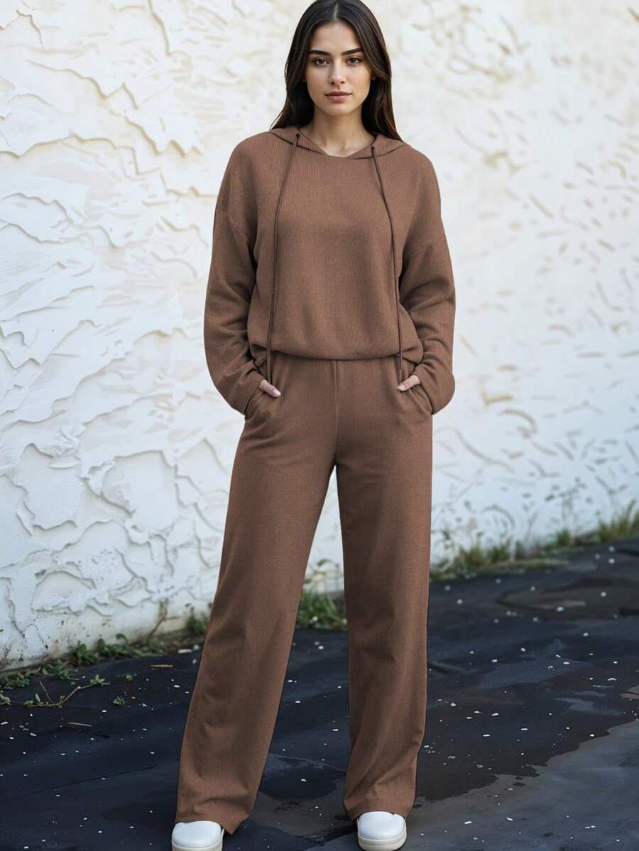 Conjunto Deportivo Moderno Sudadera Ajustada Holgado Comodidad Total Caída Suave Silueta Definida Mujer Casual Moda Femenina Vestir Popular - Camel Jaspe - Ver 1