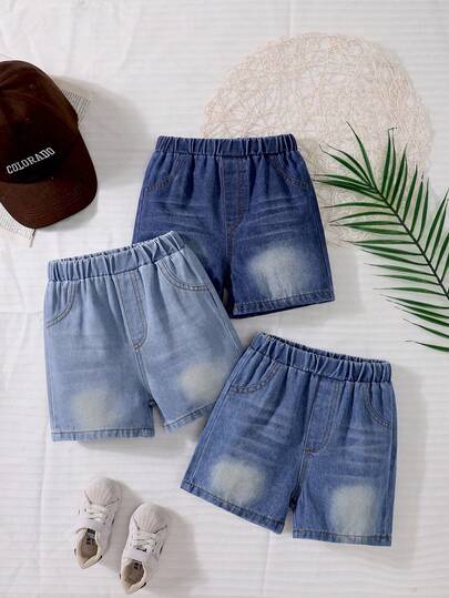 3pcs/Pack Boys' Denim Shorts, Summer Children Casual Thin Loose Denim Pants, Vacation Bermuda Shorts