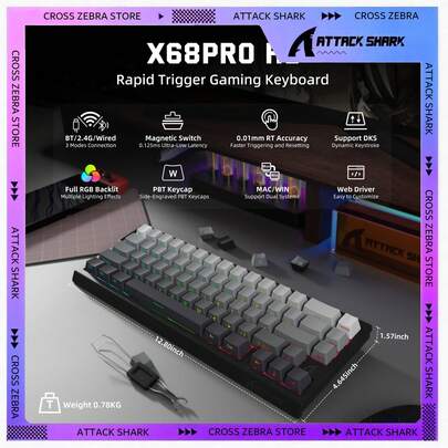  ATTACK SHARK X68PRO HE Magnetic Wireless Gaming Keyboard, 3-Color RGB Lighting, 8KHz Polling Rate, Adjustable Trigger Travel, Magnetic Switches, Spiral Cable, For PC, Christmas Gift, Christmas Special Edition, Year-End Limited - Black & Red/Black/White/Moonlight