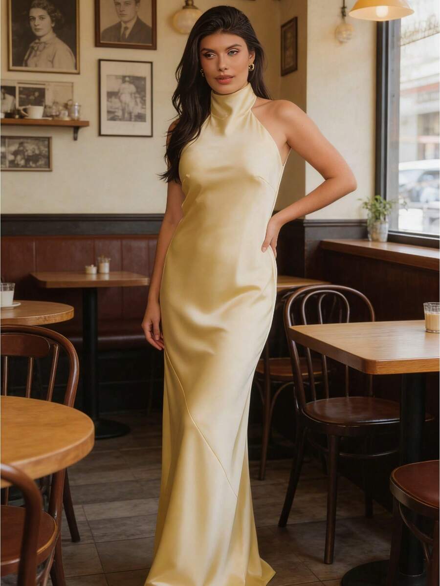 Women Scarf Maxi Dress Silk Halter Tie Up Backless Bodycon Dress Cowl Back Draped Party Wedding Dresses - Amarillo - Ver 1