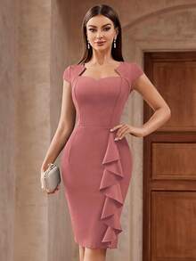 MIUSOL 优雅纯色心形领口荷叶边装饰鸡尾酒会修身连衣裙，适合半正式派对、夏季女性工作装。 - 藕粉色 - 查看 3