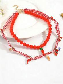 Colar feminino boêmio com pingente de caranguejo, coração, estrela do mar e abacate, feito à mão, estilo oceano, multicamadas, com 3 peças, para férias na praia, lagosta, concha e pimenta (feito à mão, posição do pingente aleatória, a cor das contas pode ter pequenas falhas) - Multicolorido - Ver 9