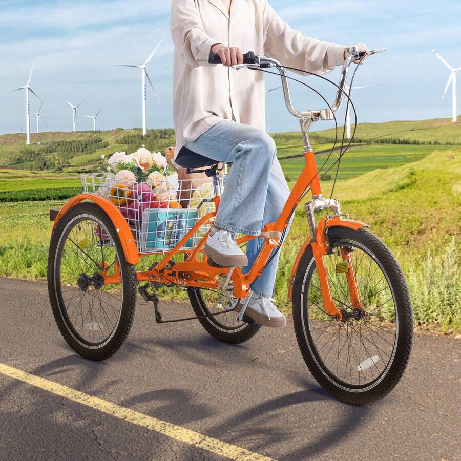 Folding Adult Tricycle, 26-Inch 7-Speed Adult Folding Trikes, Carbon Steel 3 Wheel Cruiser Bike With Basket & Adjustable Seat, Shopping Picnic Foldable Tricycles For Women, Men, Seniors (Pink) - 橘色 - 查看 1