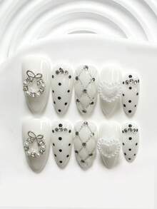 10pcs Simple Dot Nail Stickers, Acrylic Pressed Nail Stickers, Shiny White Heart-Shaped, Rhinestone Hollow Bow Nail Decorations, Hand-Painted Black Dots, Silver Grid Lines, White Nail Polish, Includes Nail Tools (1 Jelly Sticker + 1 Nail File), Available In 3 Sizes: Square, Almond, Short Rectangle, Suitable For Office, Travel, Party, Daily Manicure Nails - Nhiều màu - Xem 10