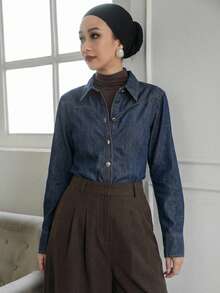 Livesso Women's Collared Cinched Waist Fitted Casual Denim Jacket - Dark Wash - View 6