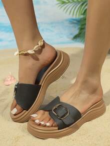 Women's New Solid Beige Buckle Thick Sole Slip-On Sandals, Casual Vacation Beach Style, Spring/Summer, Brown Fashion Versatile Sandals - Black - View 2