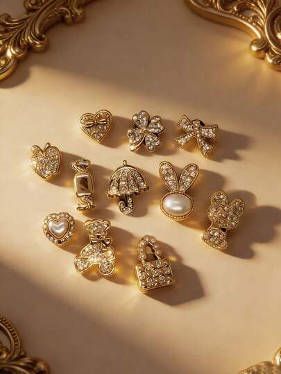 11 piezas de adornos de oso dorado hueco para zapatos, botones decorativos DIY, fiesta de plástico ABS (resina ABS) con diamante de imitación, adecuado para bodas, todas las estaciones