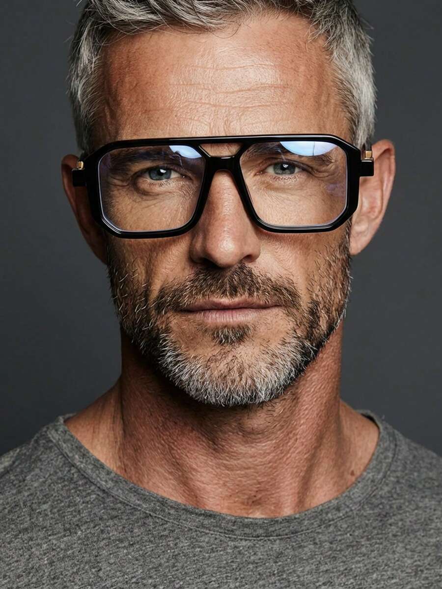 1 Pair Men's Shiny Black PC Frame Personalized Double-Bridge Fashionable Casual Glasses For Travel And Vacation - Glossy Black - View 1