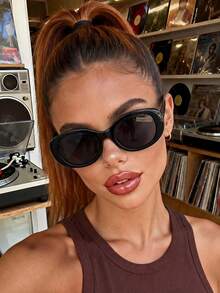 1 Pair Oval Black Fashion Glasses, Suitable For Daily Wear, Summer Beach, Outdoor Travel And Other Outdoor Activities - 黑色 - 查看 1