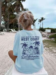 Áo thun nữ tay ngắn cổ tròn kiểu dáng mùa hè mới, thiết kế tối giản, đa năng, in hình cây cọ và khẩu hiệu, phù hợp mặc hàng ngày hoặc đi nghỉ mát. - Màu xanh nhạt - Xem 9