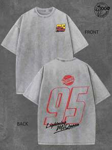 Disney UNIHLO Lightning Mcqueen Printed Summer Heavyweight Retro Washed Street Fashion Casual T-Shirt - 灰色 - 查看 1