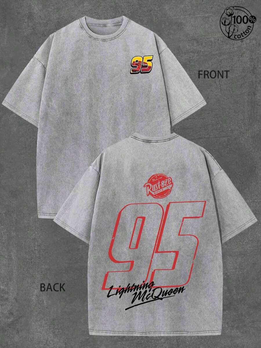 Disney UNIHLO Lightning Mcqueen Printed Summer Heavyweight Retro Washed Street Fashion Casual T-Shirt - 灰色 - 查看 1