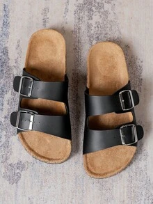 Sandalias de estilo bohemio de corte ancho para hombres - Estilo versátil para playa y vacaciones de verano, diseño cómodo y antideslizante, decoración con doble hebilla, punta abierta, tacón medio, material de piel sintética, suela de PVC, adecuado para interiores y exteriores - Negro - Ver 5