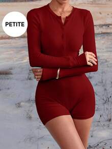Button Design Long Sleeve Slim Jumpsuit, Casual & Versatile For Spring, Autumn, All Seasons - Burgundy - View 8