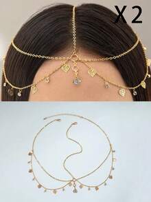 1 Cadena para la cabeza con forma de corazón de aleación, con borlas y rhinestones, de moda y sencilla, como regalo para la fiesta de baile de una niña (la cadena hecha a mano se corta según el tamaño, el número de piezas con forma de corazón con rhinestones no es fijo), para la novia, accesorio para el cabello para mujeres - oro - Ver 5