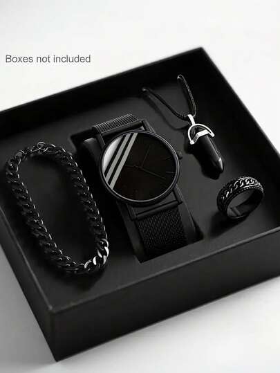 4件套男童经典休闲石英模拟手表套装，包含时尚手链、项链和戒指，适合日常佩戴，是返校、聚会、旅行、生日、毕业典礼、斋月以及馈赠亲友的理想之选。