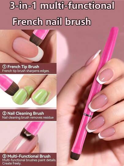 三合一法式美甲刷，凝胶和亚克力指甲清洁刷 - 精细指甲刷，更适合初学者，精准涂抹，无异味，是精致美甲设计和创作的理想之选，美甲产品 - 适用于凝胶指甲油、法式美甲技巧、精细彩绘、雕刻、水钻，非常适合美甲沙龙和美甲爱好者在假期打造各种美甲造型。