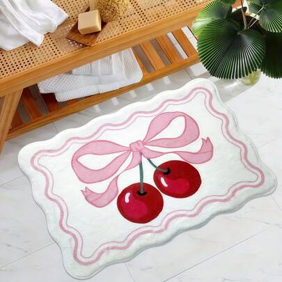 1件毛绒可爱蝴蝶结樱桃地毯 - 不规则形状地毯，柔软蓬松质地，卡通设计，床边地毯，适合万圣节装饰、客厅、厨房、家居装饰、毛绒冬季装饰（手工制作的不规则图案可能存在1-5厘米的偏差，建议订购大一号）