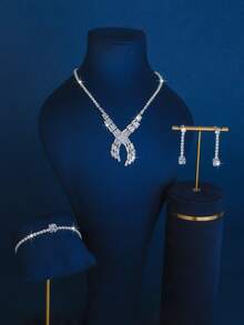 3 piezas Conjunto de joyería nupcial de lujo con cristales, collar de rhinestone, aretes colgantes y pulsera, accesorios elegantes y formales para mujeres, ideal para celebraciones de Eid Al-Adha - Plateado - Ver 8