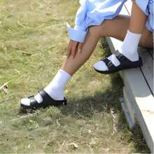 Unisex Slip-On-On Double Bar Sandals, Minimalist Hook And Loop Beach Slippers, Outdoor Casual- Black - Black - View 2