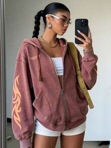 Letter Print Plus Size Crew Neck Loose Sweatshirt, Vacation Travel Beach, Casual Sports Elegant - Red - View 2