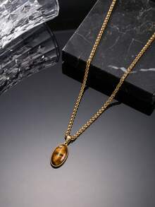 1件时尚复古不锈钢男士吊坠项链，饰有虎眼石、十字架、指南针和黑曜石元素，适合男士日常穿搭、节日庆典和外出场合。 - 金色 - 查看 8