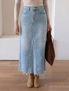 Livesso High Waist Distressed Denim Slit Skirt, Slimming Women's Denim Skirt - Medium Wash - View 5