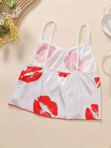 2件套白色吊带唇印女士睡衣套装 - 白色 - 查看 6