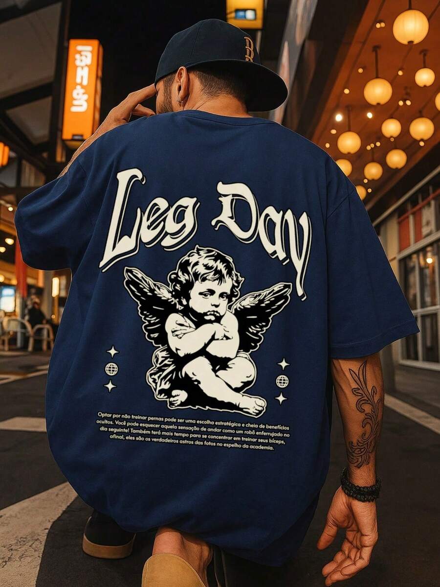 Oversized Gym T-Shirt, Streetwear Printed Shirt, Leg Day Premium Cotton - 藏蓝色 - 查看 1