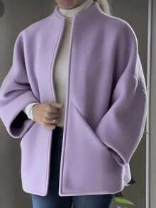 女士优雅常规长度薰衣草色梭织面料大衣，立领，落肩设计 - 淡紫色 - 查看 10