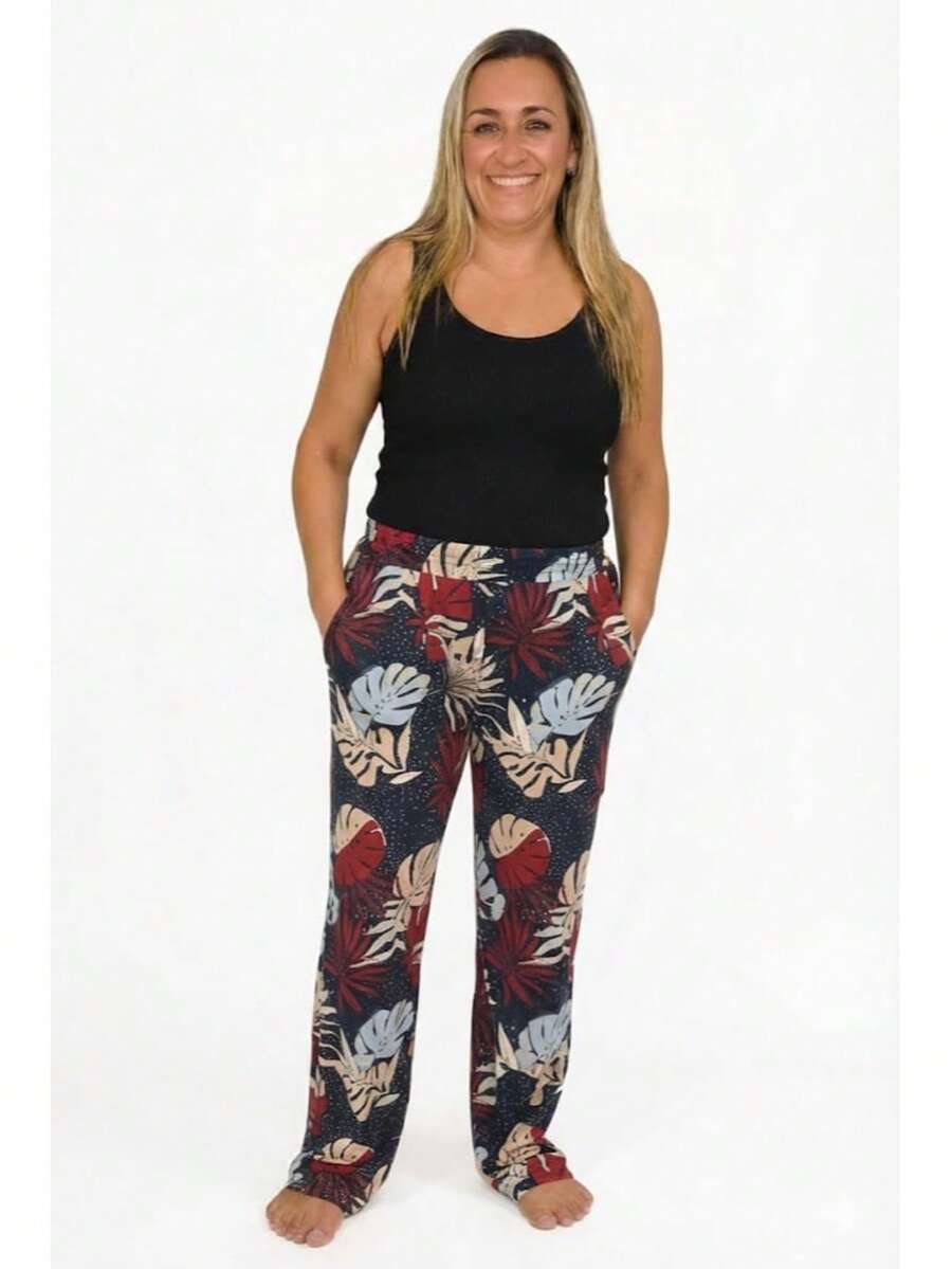 Lightweight Knit Pants (Cool Fabric) With Pocket And Elastic Waistband. Cut And Sew. All-Over Leaf Print. Pocket. Contrasting Waistband. - 多印章 - 查看 1