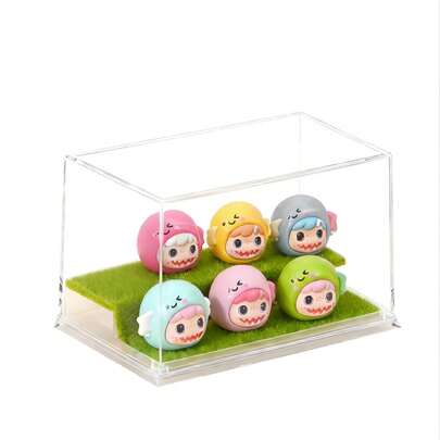 1pc Mini Display Cabinet/Transparent Showcase With 6 Cute Figurines, High Transparency Box Body, Removable Top Cover Design, Includes 6 Self-Adhesive Stickers To Prevent Tipping, Excludes Green Grass Mat, Nursery Decor, Newborn Gift, Christmas Gift, Ramadan Gift, Mini