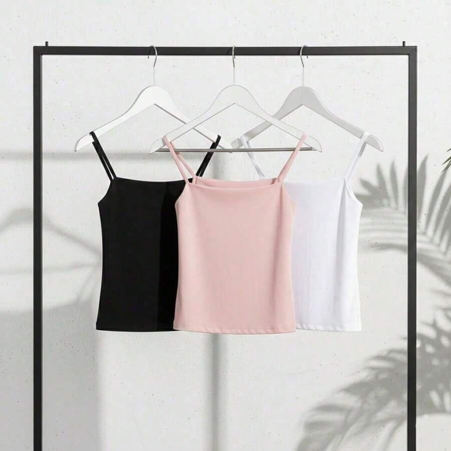 Set Of 3 Women's Basic Cropped Tank Tops In Spandex - New - Black/White/Baby Pink - View 1