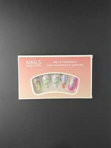 恐龙涂鸦杏仁形按压式美甲贴片，可爱卡通造型，配有指甲锉和果冻胶，可重复使用，适合儿童和女性 - 彩色 - 查看 2