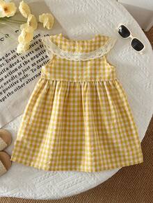 Baby GirlSweet & Cute Plaid Print Woven Fabric Lace Collar Sleeveless Dress, Suitable For Summer Wear - Yellow - View 2