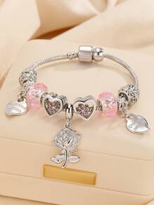 1 件优雅奢华闪亮水晶皇冠、熊、蝴蝶结、月亮吊饰串珠不锈钢可调节手链，多种形状，大孔隔珠，DIY，适合女性、日常、派对、节日礼物 - 銀色 - 查看 9