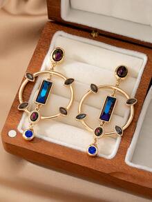 1 Pair Elegant Hollow Geometric Multicolor Gemstone Earrings, Chic Minimalist Boho Style - Multicolor - View 5