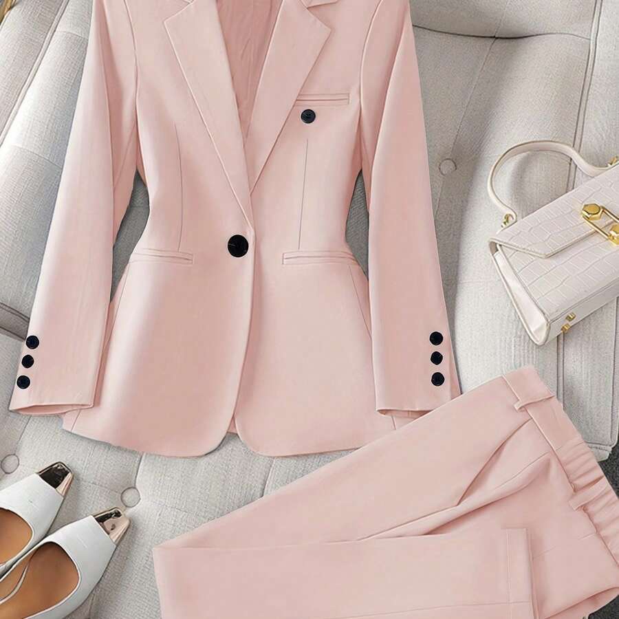 New Women'S Casual Two-Piece Set Featuring A Stylish Business Look With A Solid Color Long-Sleeve Blazer And Matching Trousers - 藕色 - 查看 1