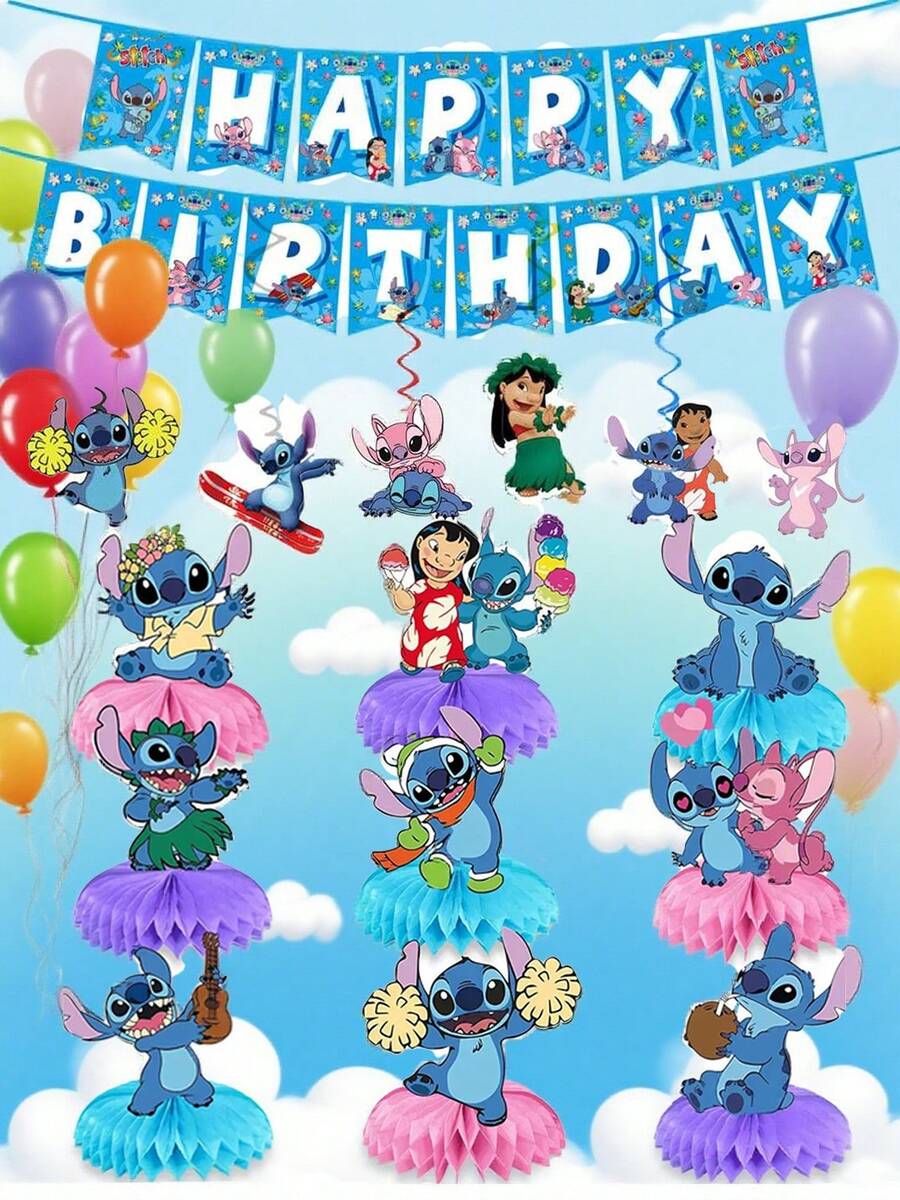 史迪奇主题生日派对餐桌中心装饰，墙面悬挂装饰，营造家庭聚会氛围 - 彩色 - 查看 1