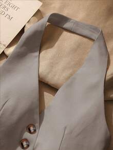 Women's Solid Color Halter Single-Breasted Fashionable Versatile Date Party Top Casual Summer - Grey - View 6