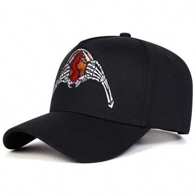 1pc Men's Skull Hand & Earth Embroidered Truck Driver Hat, Streetwear Baseball Cap, Outdoor Sun Protection Casual Hat For Spring, Autumn, Travel, Beach