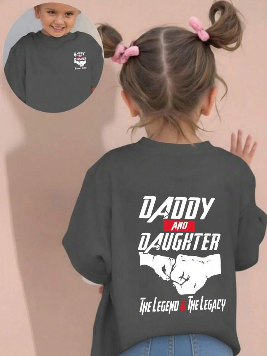 Young Girl Casual Graphic Print Crew Neck Short Sleeve T-Shirt, Summer Top - Dark Grey - View 1