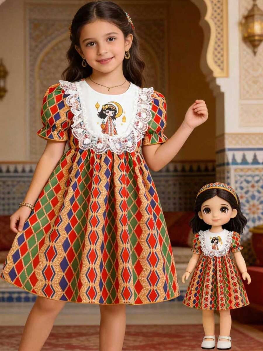 Girls Cute Plaid Dress, Cartoon Character Print With Lace Trim Puff Sleeve Dress, Suitable For Birthday Party, Eid Celebration, Weekend Outing, Family Gathering, Beach Walk - Multicolor - View 1