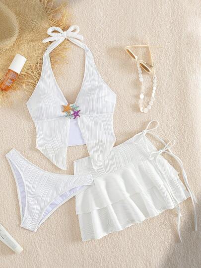 Conjunto de traje de baño de 3 piezas con camiseta de tirantes, bikini y falda de tela texturizada con decoración de estrella de mar, para verano