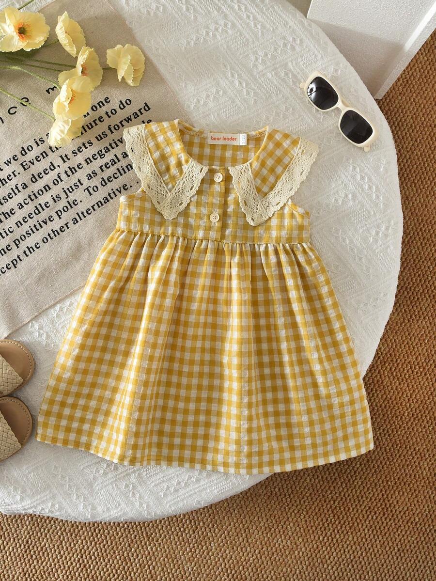 Baby GirlSweet & Cute Plaid Print Woven Fabric Lace Collar Sleeveless Dress, Suitable For Summer Wear - Yellow - View 1