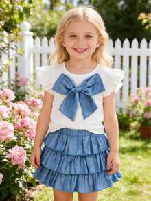 Conjunto de vestido de pastel con lazo dulce para niñas pequeñas - Camiseta blanca con mangas con volantes + Falda plisada azul de varias capas con decoración de lazo grande + Cintura elástica, Estilo princesa Conjunto de 2 piezas para verano, Adecuado para fiesta de cumpleaños, salir con amigos, uso diario, primavera/verano - Azul - Ver 3