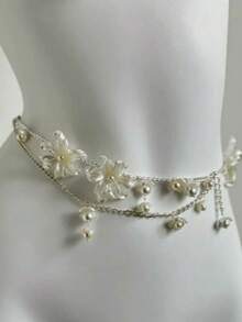 1pc Elegant Floral Tassel Waist Chain, Romantic French Style, High-End Versatile Accessory - White - View 2
