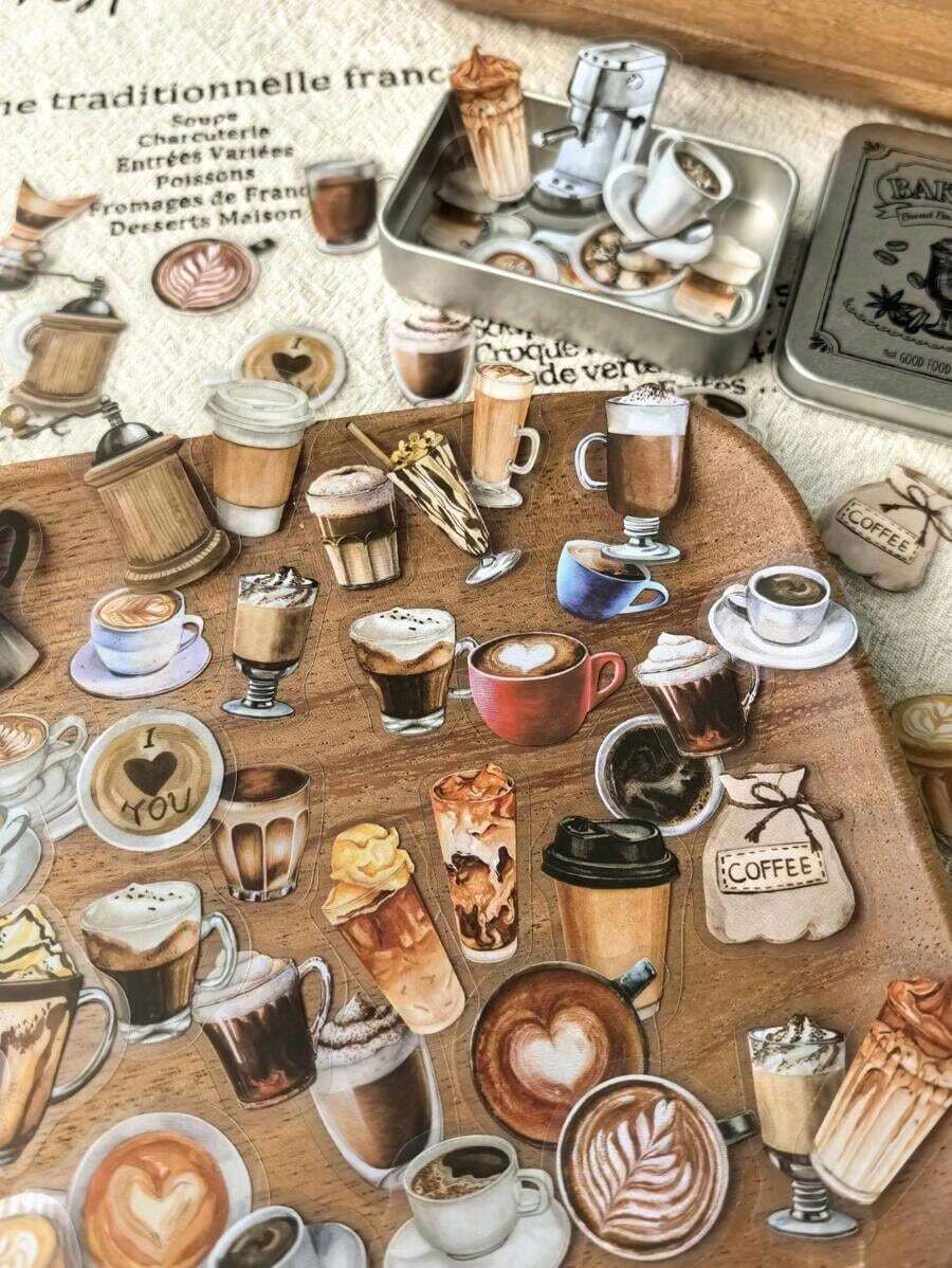 100pcs/Box Vintage Coffee Drink PET Stickers, DIY Collage Scrapbook Decorative Stickers,School Supplies,Back To School ETYE - HT196-喝杯咖啡 - 查看 1
