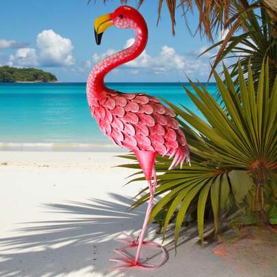 Escultura y estatua de flamenco rosa de metal de 21 pulgadas, arte de jardín de flamenco rosa, estatua para exteriores, adecuada para decoración interior/exterior, balcón, patio, porche, entrada de la tienda, decoración del hogar, decoración del jardín, decoración del patio, decoración del césped, escultura y estatua de flamenco de pie