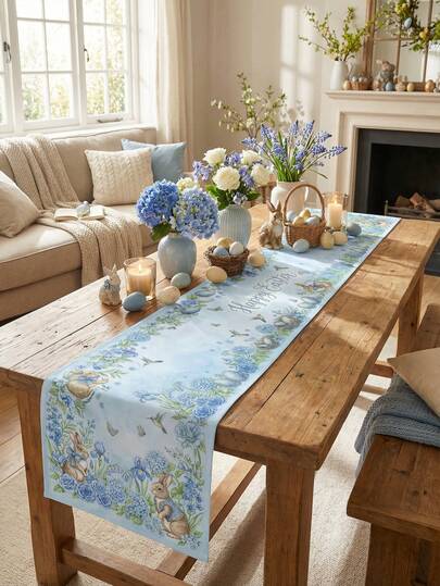1pc "Sky Blue Spring" Easter Table Runner - Fresh Watercolor Bunnies & Hummingbirds With "Happy Easter" Blossoms For A Bright Morning Brunch & Celebrations